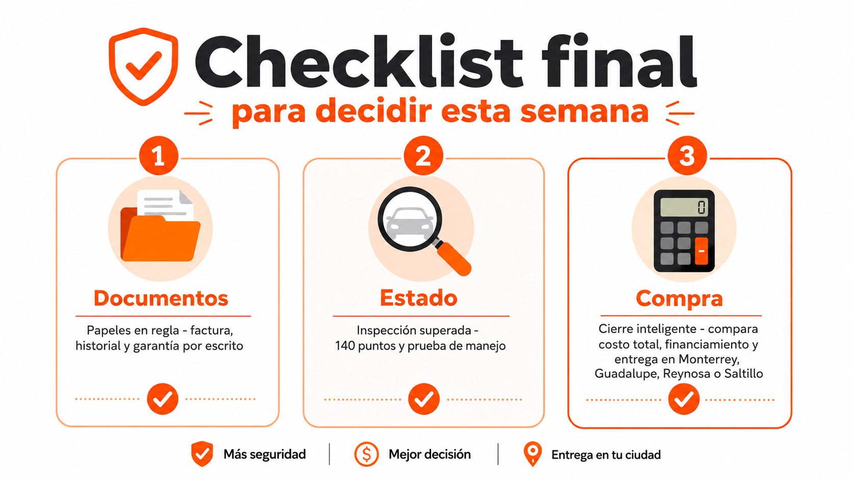 Infografía de checklist final para la compra segura de un auto seminuevo en agencias automotrices.
