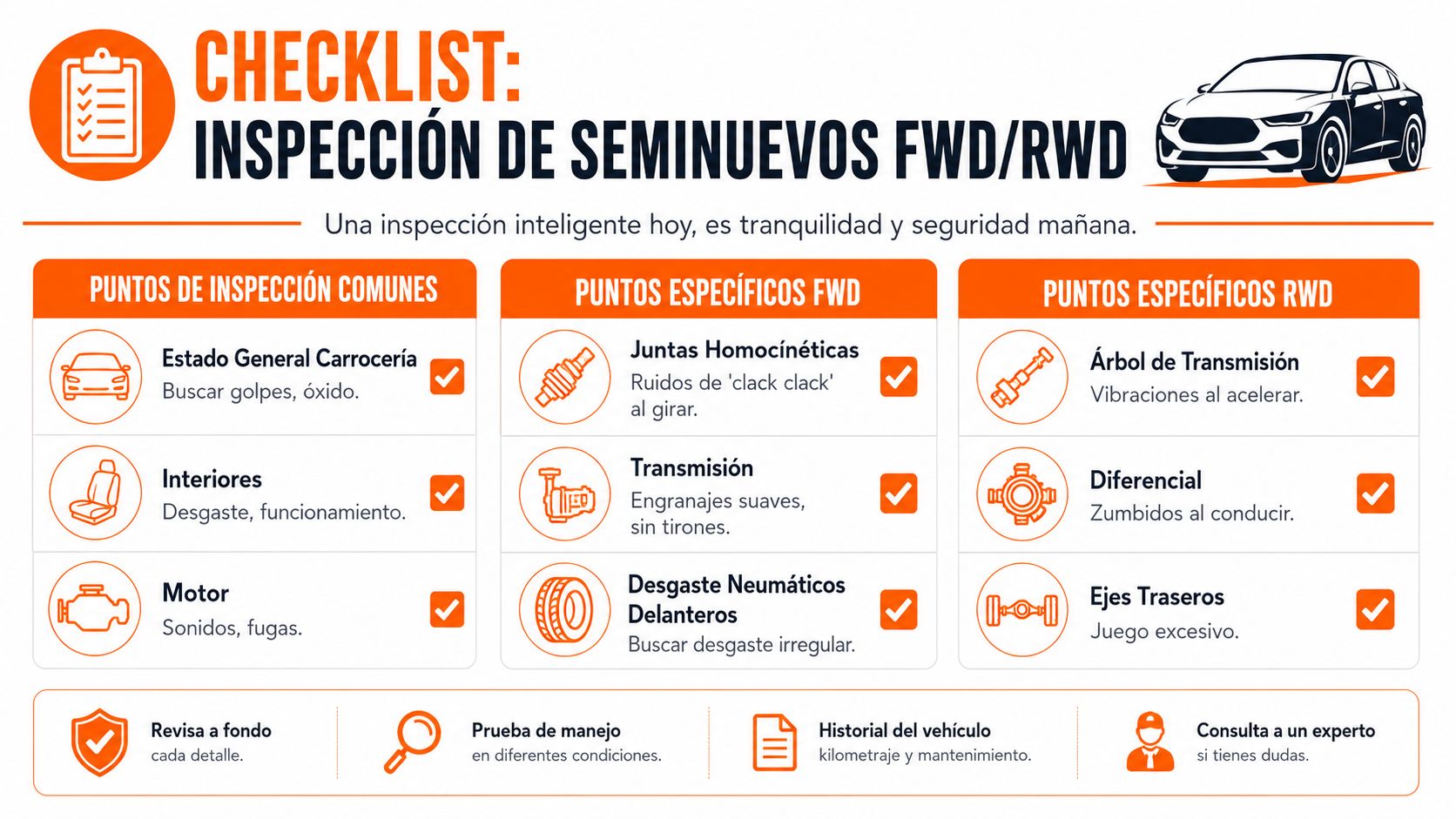 Lista de verificación para inspeccionar vehículos usados de tracción delantera y trasera antes de comprarlos.