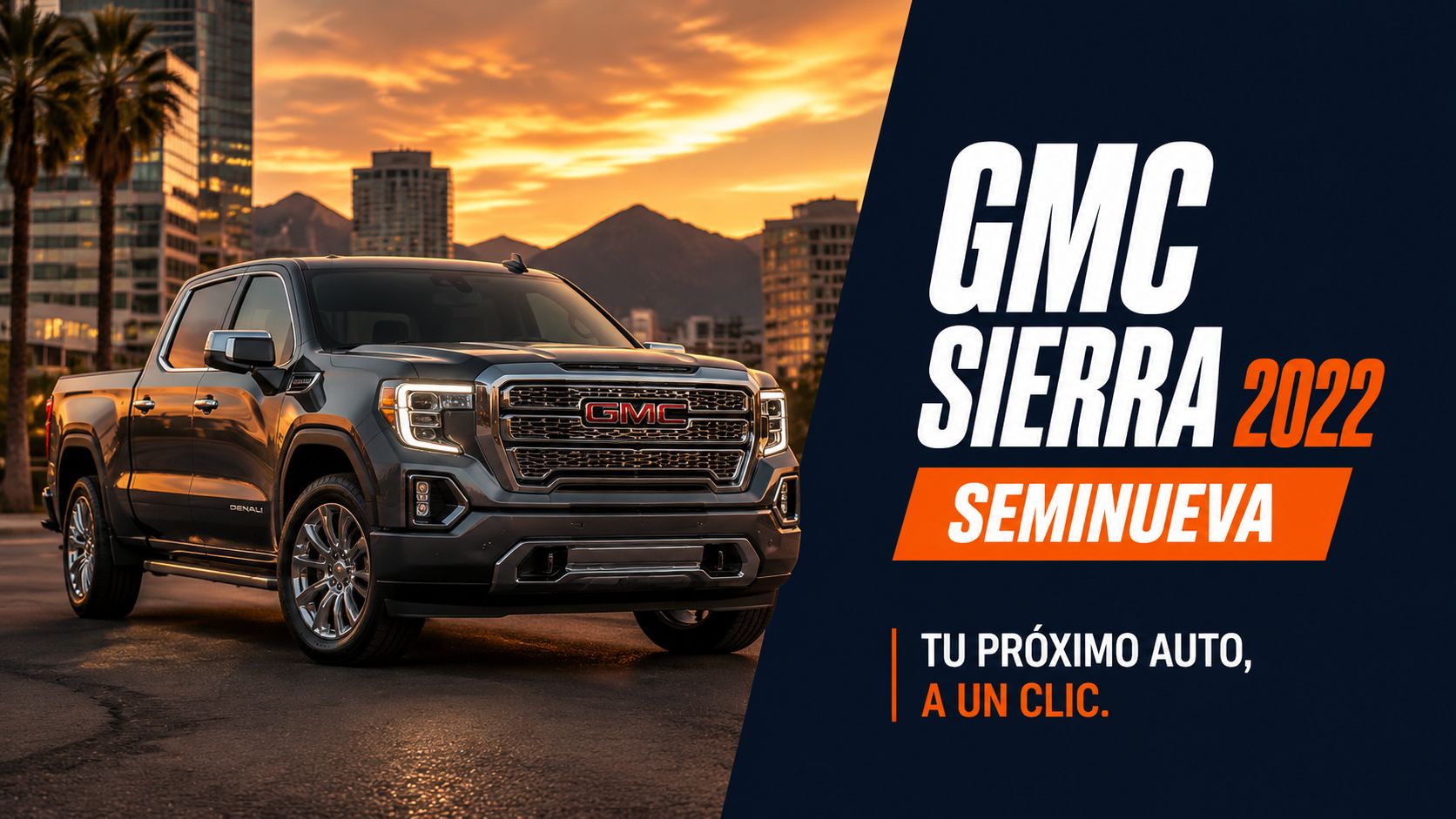 Una camioneta GMC Sierra 2022 de color gris oscuro estacionada frente a un paisaje urbano al atardecer.