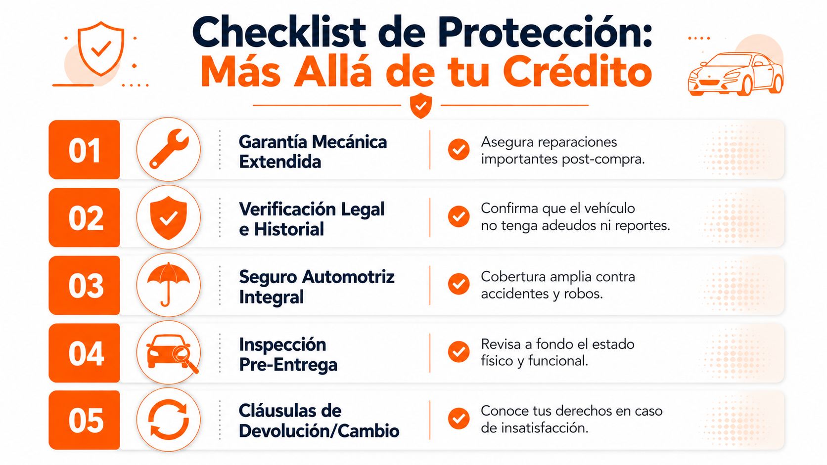 Infografía sobre checklist de protección para la compra de autos seminuevos financiado con recomendaciones clave.