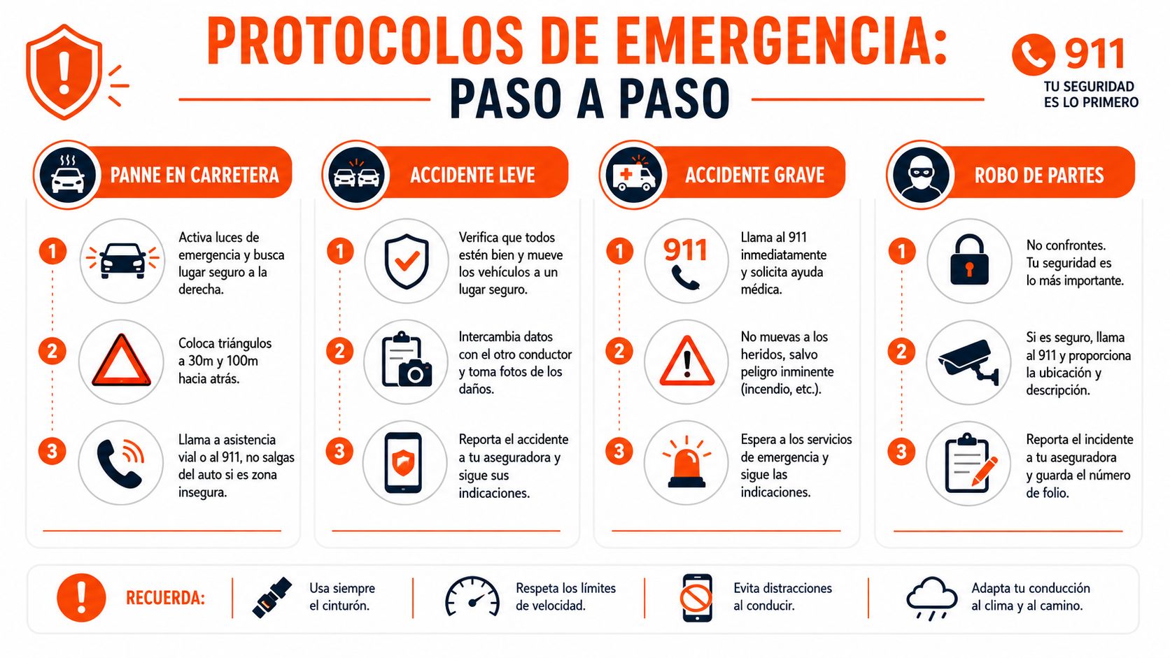 Infografía paso a paso con protocolos de emergencia vial para accidentes, averías y situaciones de inseguridad.