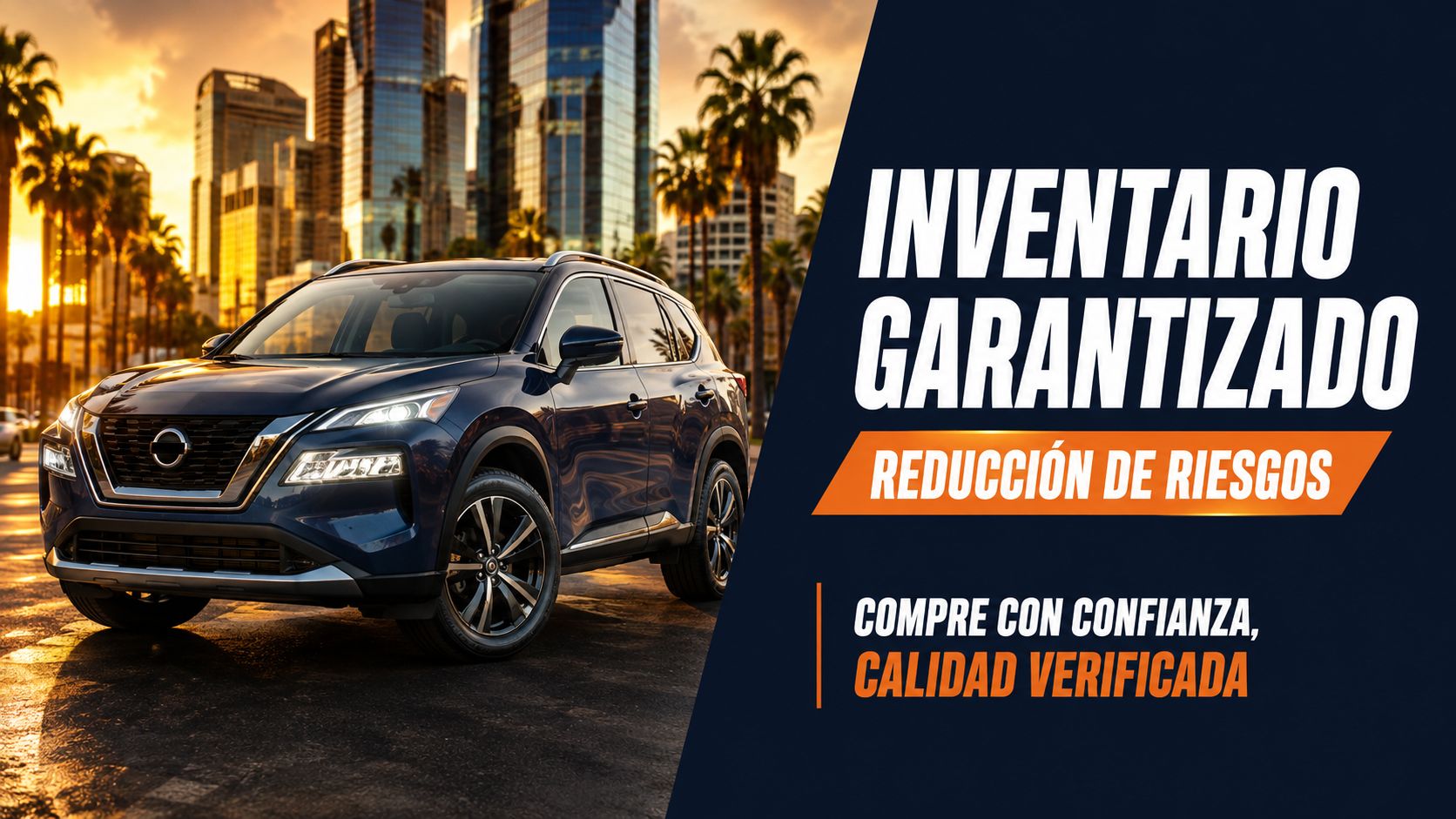 Un vehículo SUV Nissan de color azul estacionado frente a edificios modernos bajo el atardecer dorado.