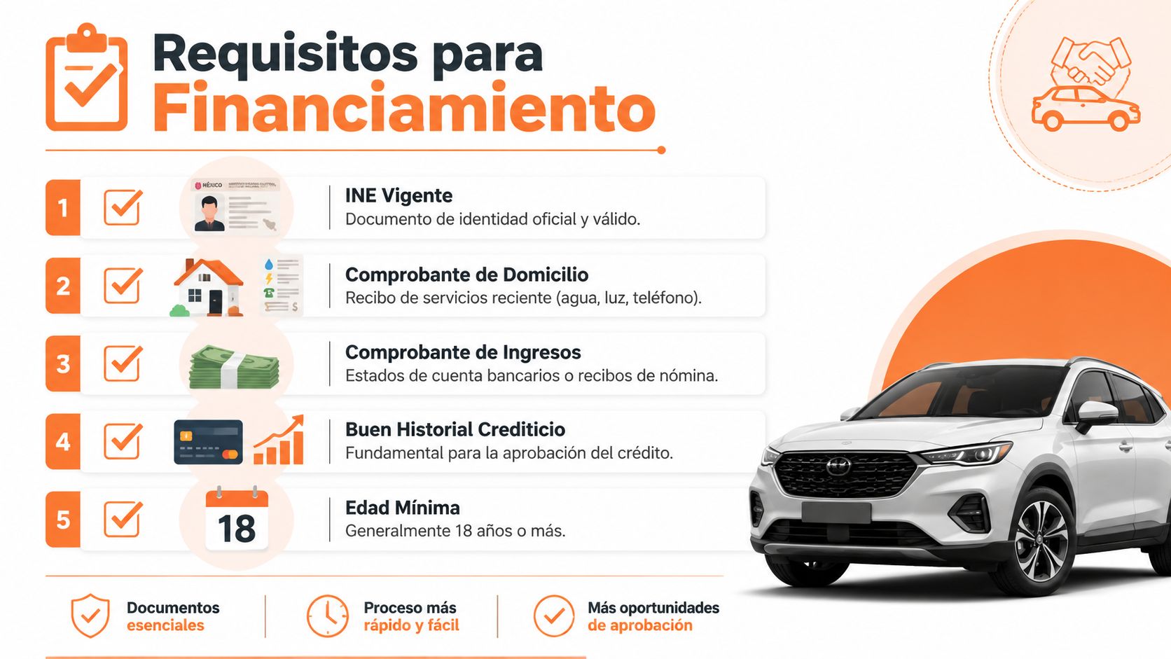 Lista de requisitos necesarios para solicitar un financiamiento automotriz para la compra de un vehículo.