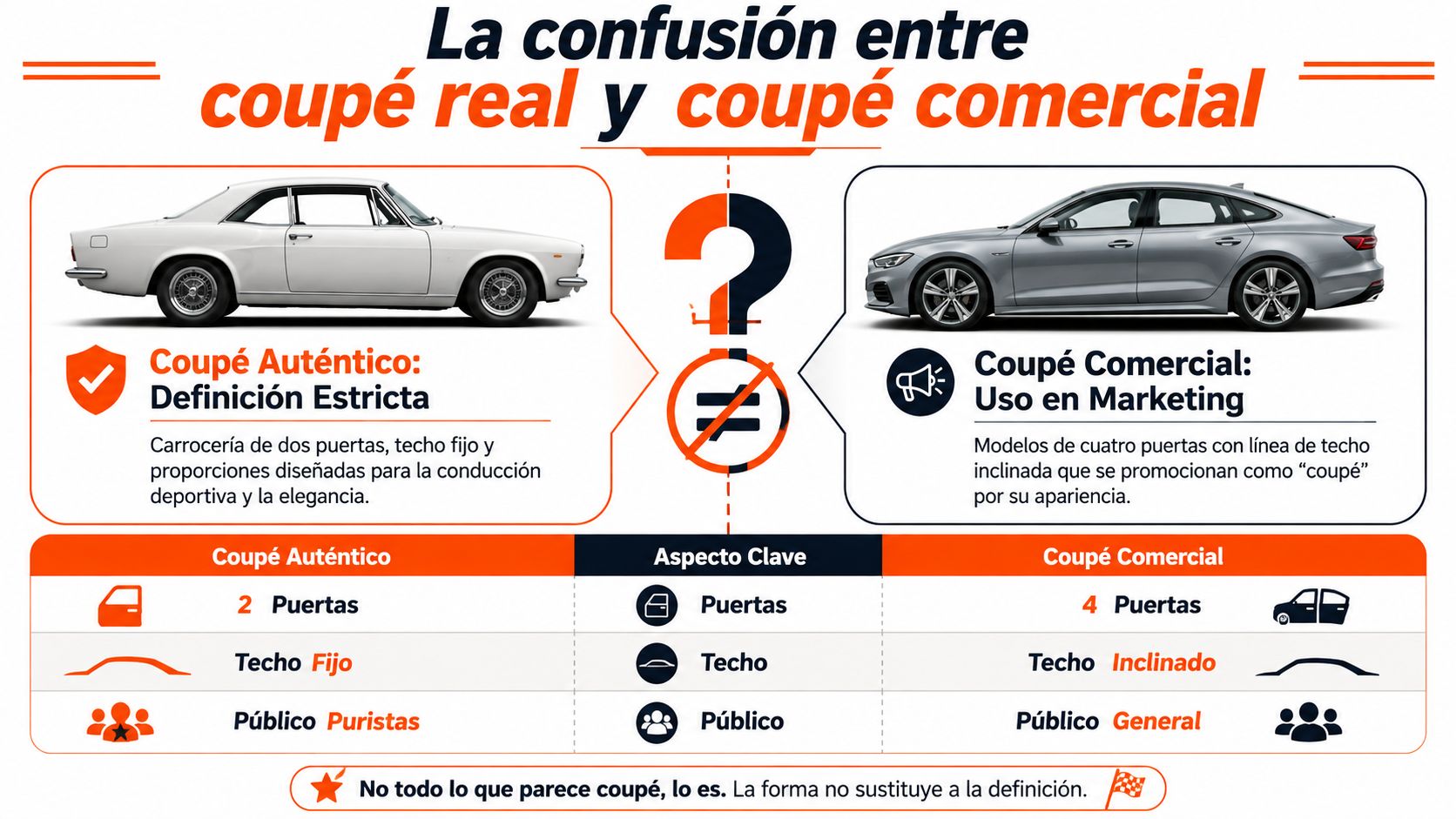 Infografía comparativa que explica las diferencias entre un coupé auténtico de dos puertas y uno comercial de cuatro.