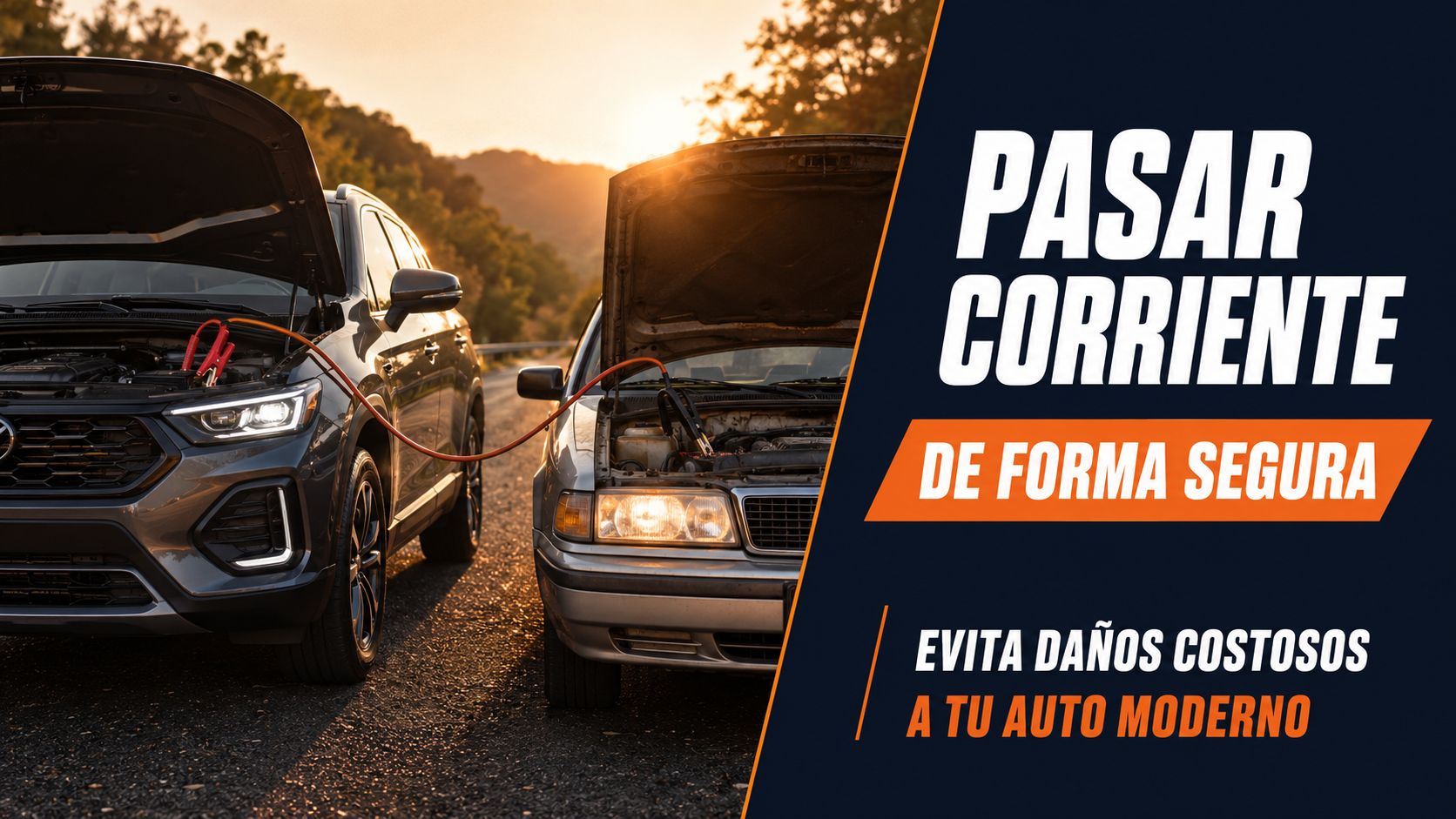 Dos autos con capós abiertos conectados por cables de puente para pasar corriente de forma segura.