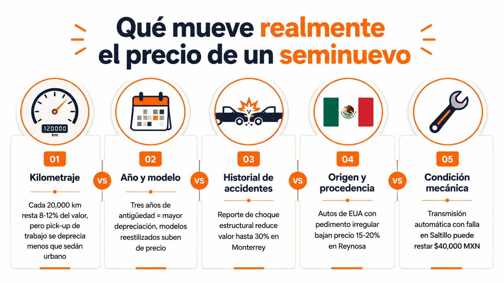 Infografía sobre los cinco factores principales que influyen en la depreciación de los autos seminuevos en México.