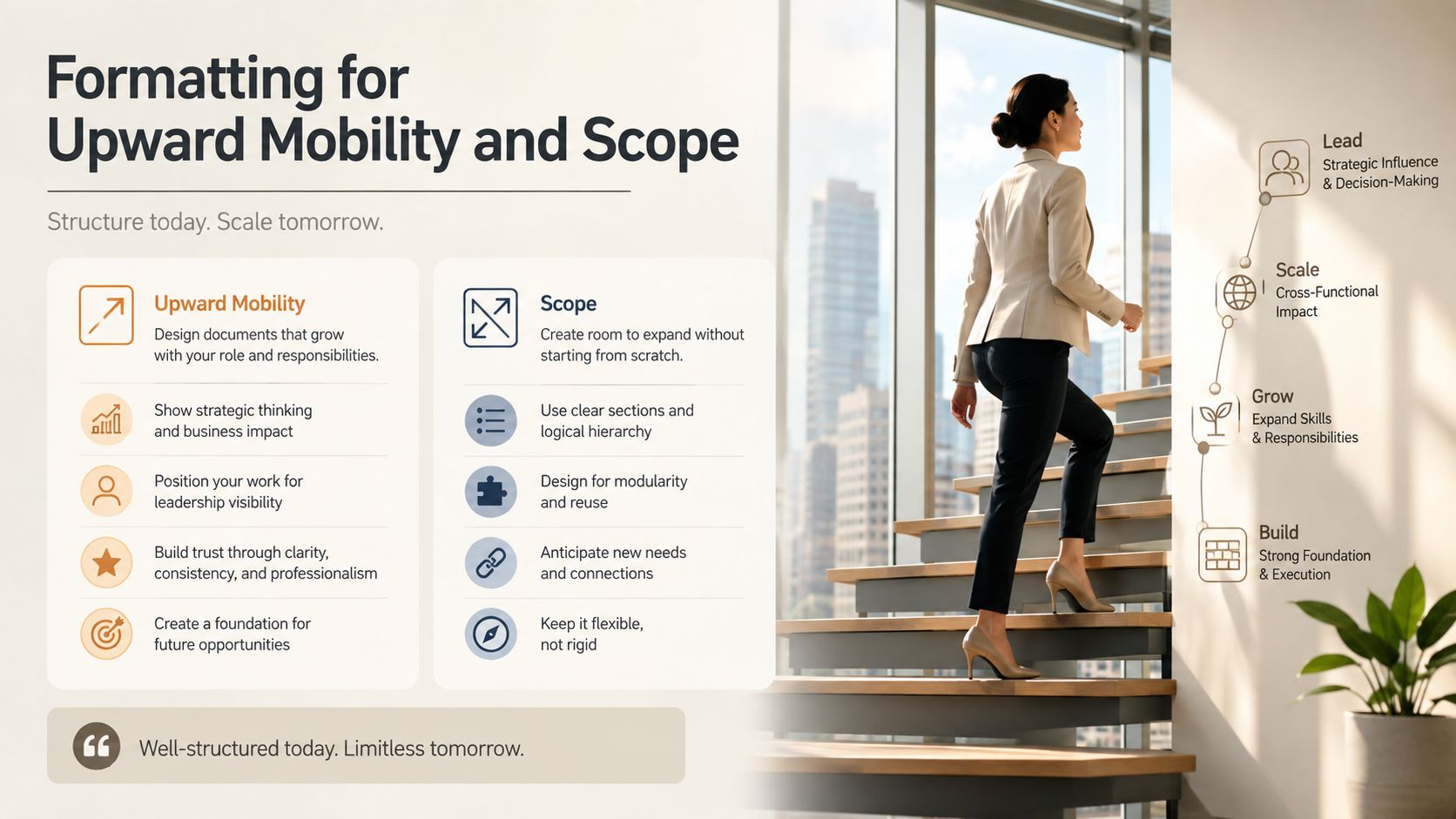 A woman in a business suit walking up a staircase to represent career progression and advancement.