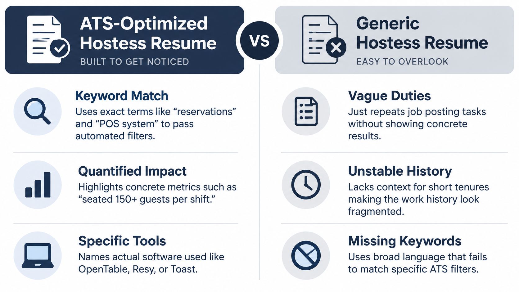 A comparison chart showing the differences between an ATS-optimized hostess resume and a generic hostess resume.