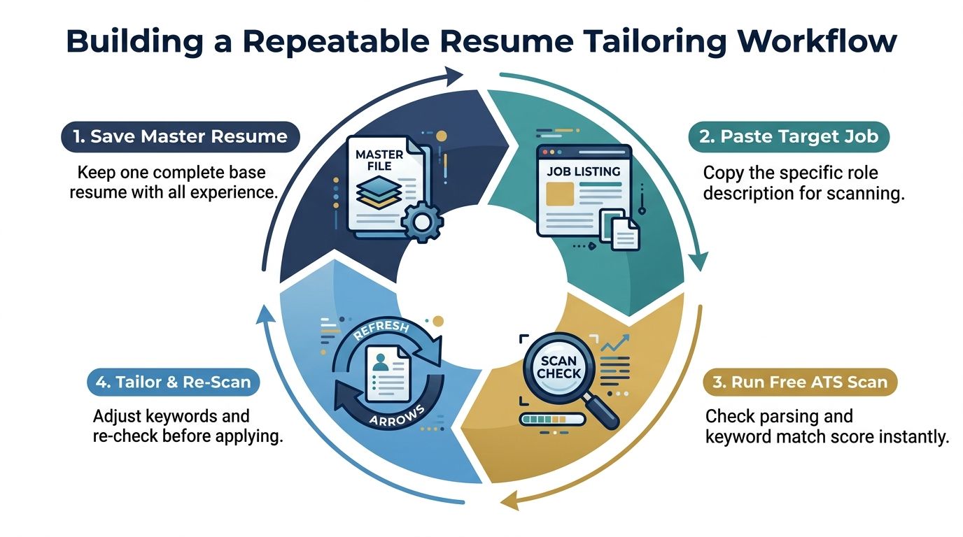 A diagram outlining a four-step repeatable workflow for tailoring resumes using an ATS scan.