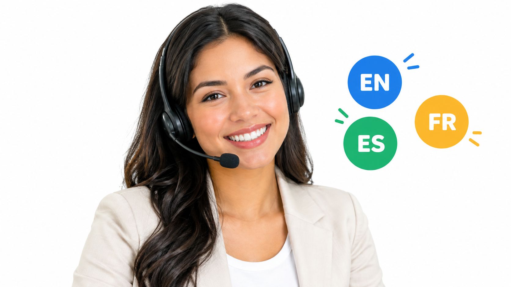 A friendly customer service representative wearing a headset with language icons for English, Spanish, and French.