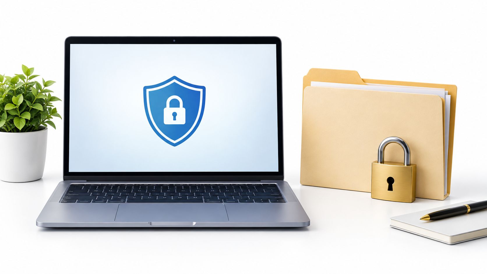 A laptop with a shield security icon on the screen next to a folder and padlock.