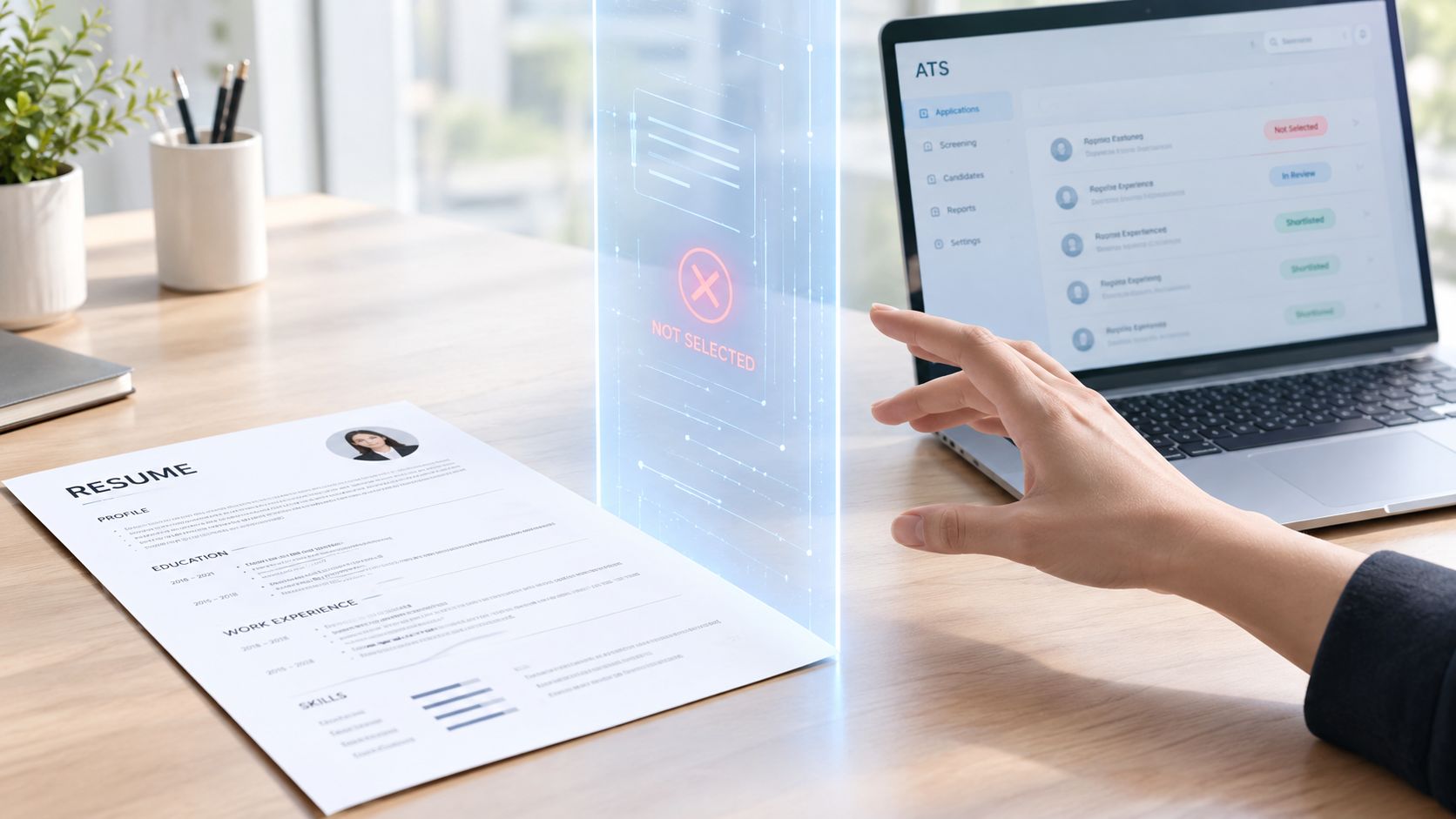 A person uses a digital interface to reject a resume after screening with an applicant tracking system software.