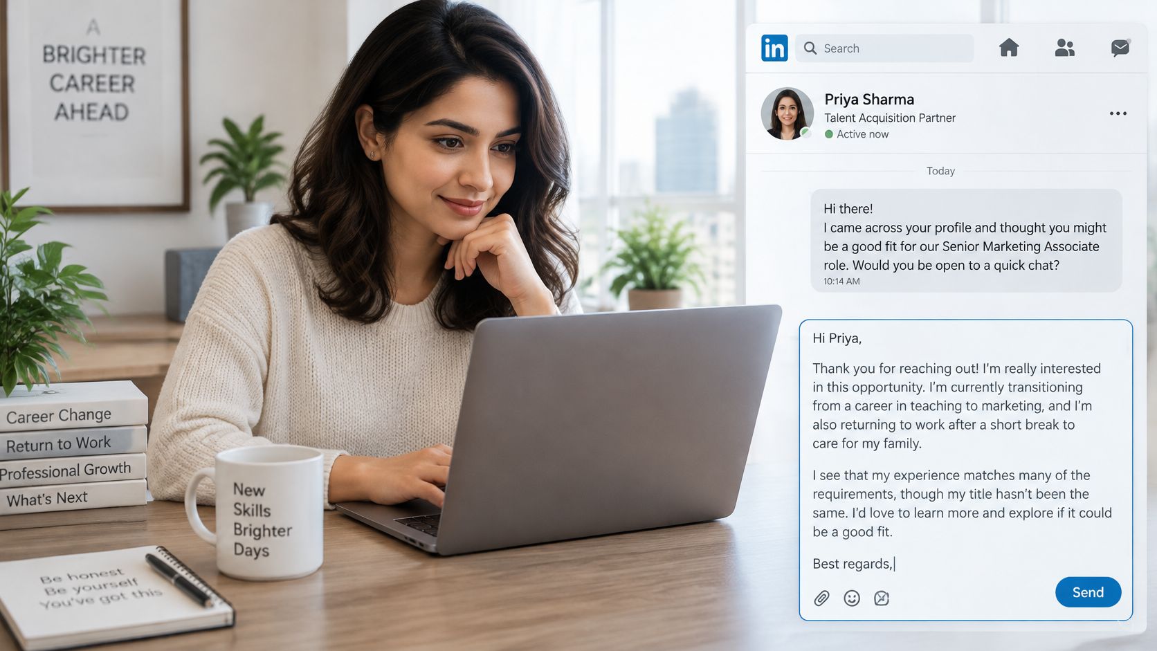 A professional woman smiling while composing a LinkedIn message to a recruiter on her laptop at home.