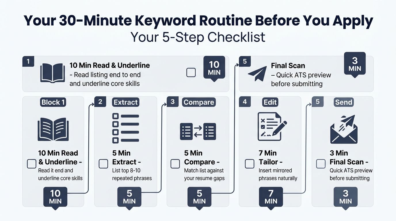 A 5-step checklist infographic outlining a 30-minute routine for optimizing resumes with job description keywords.