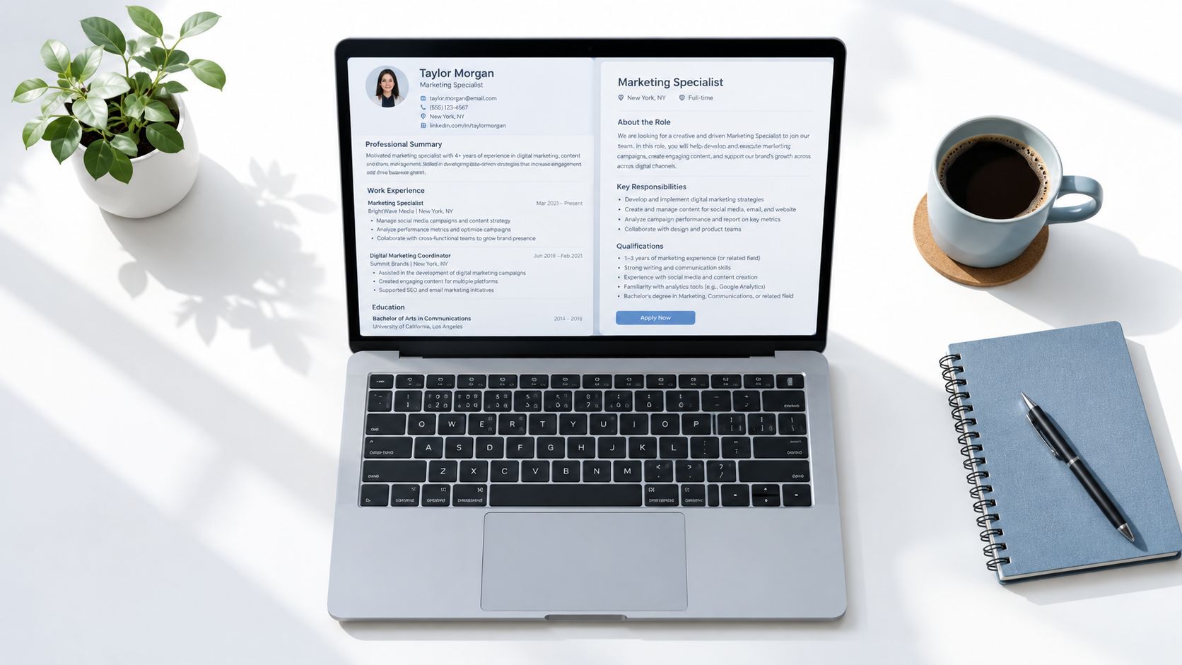 A modern laptop on a white desk displaying a resume and job description side-by-side with office supplies.