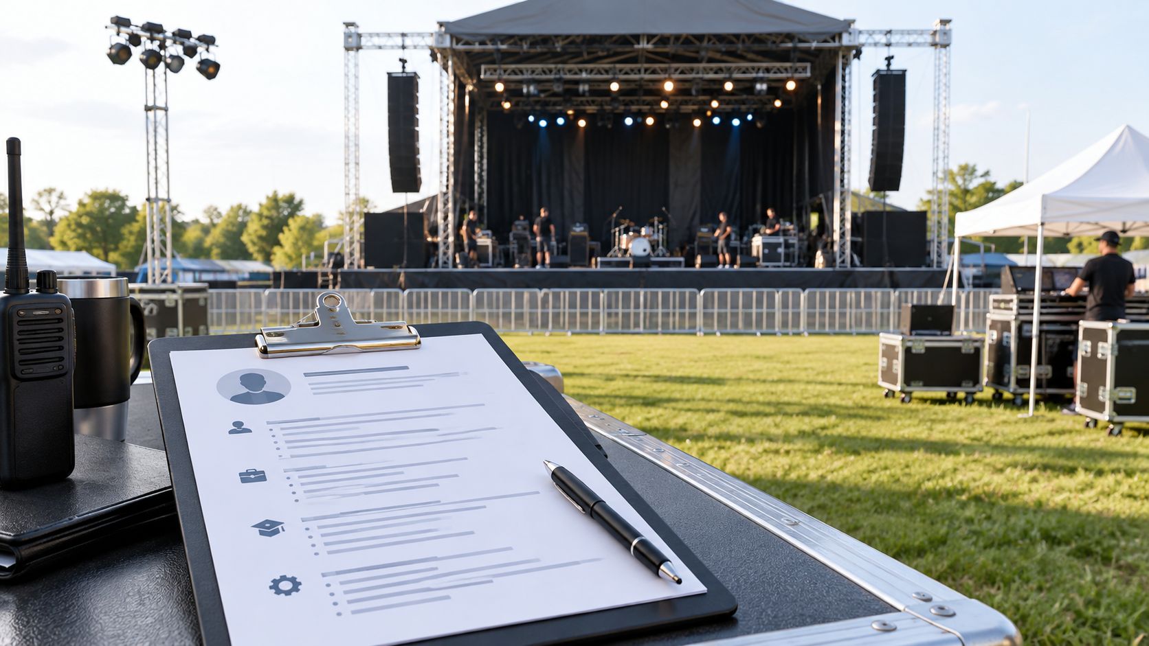 A clipboard with a resume sits on a work surface in front of a music festival stage.