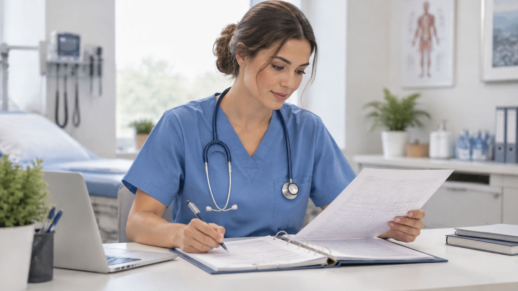 A professional nurse in blue scrubs reviewing patient medical documents at her desk in a clinic.