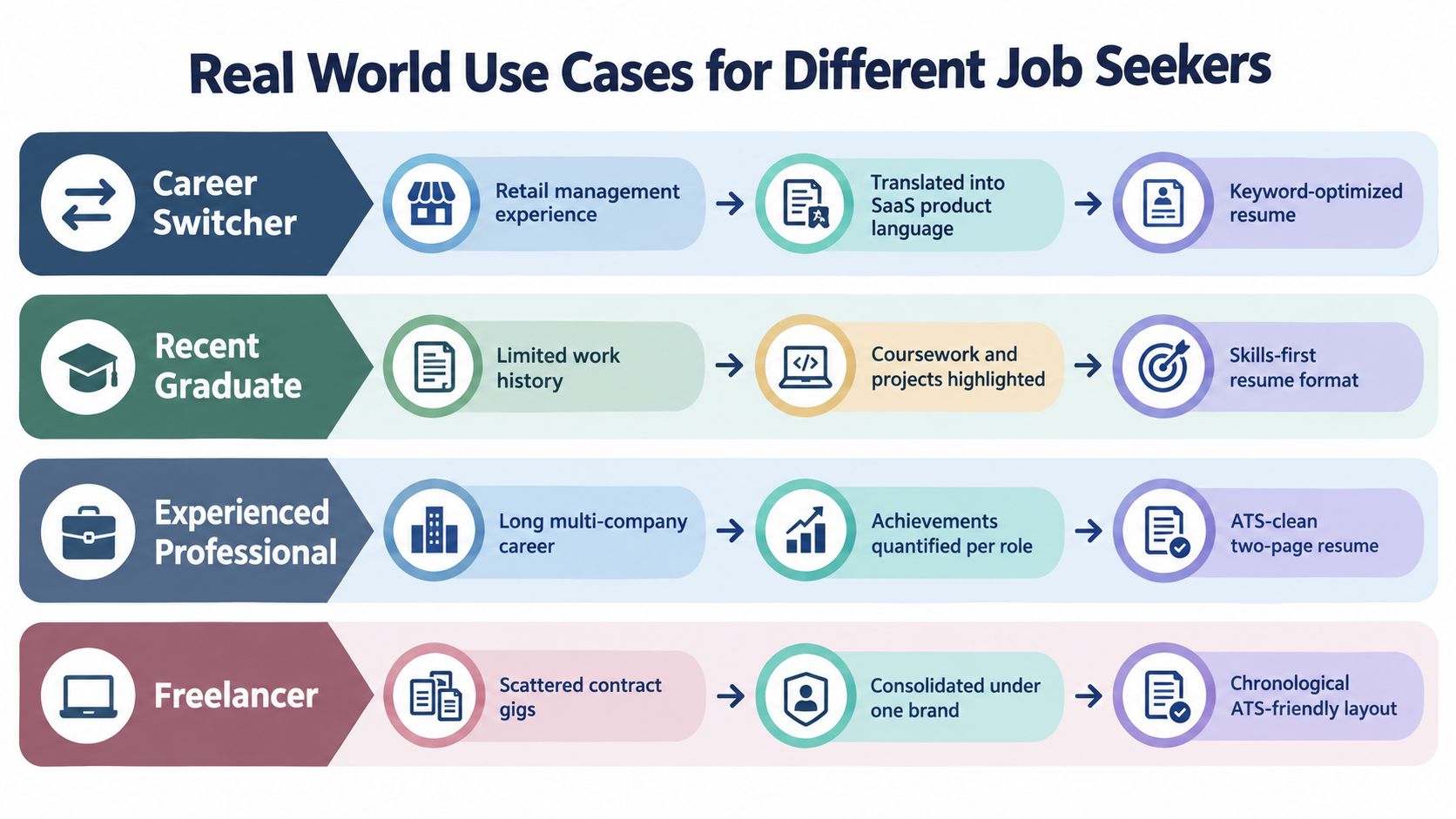 An infographic showing tailored resume strategies for career switchers, recent graduates, experienced professionals, and freelance job seekers.
