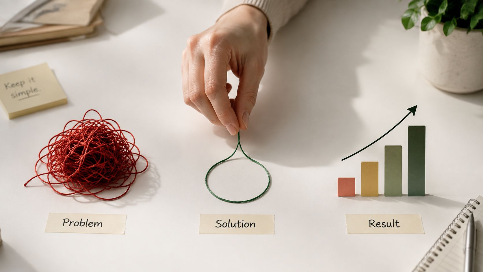 A hand transforming a tangled red string into a simple green circle, leading to a rising bar graph.