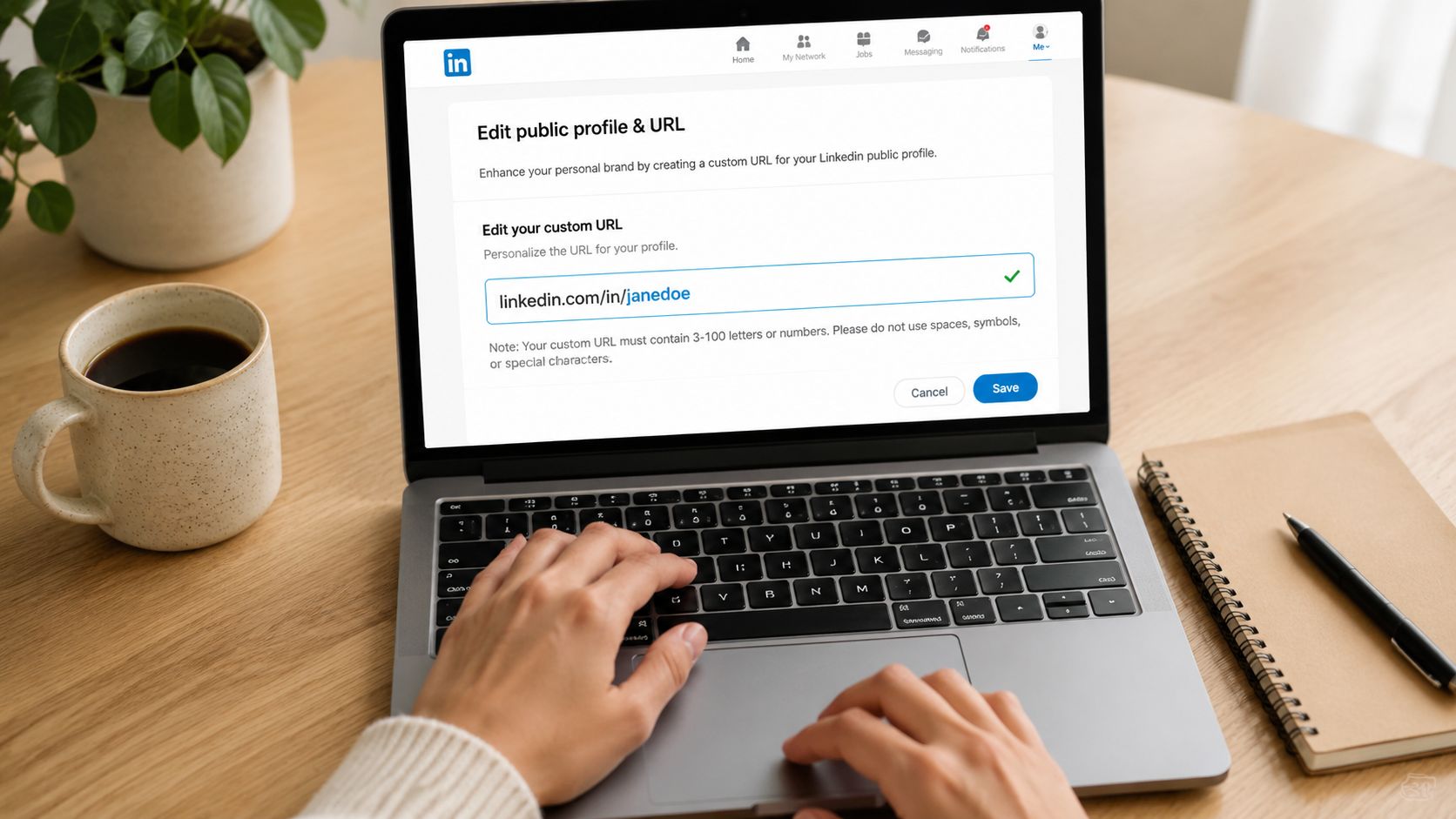 A person using a laptop to customize their LinkedIn public profile URL on a wooden office desk.