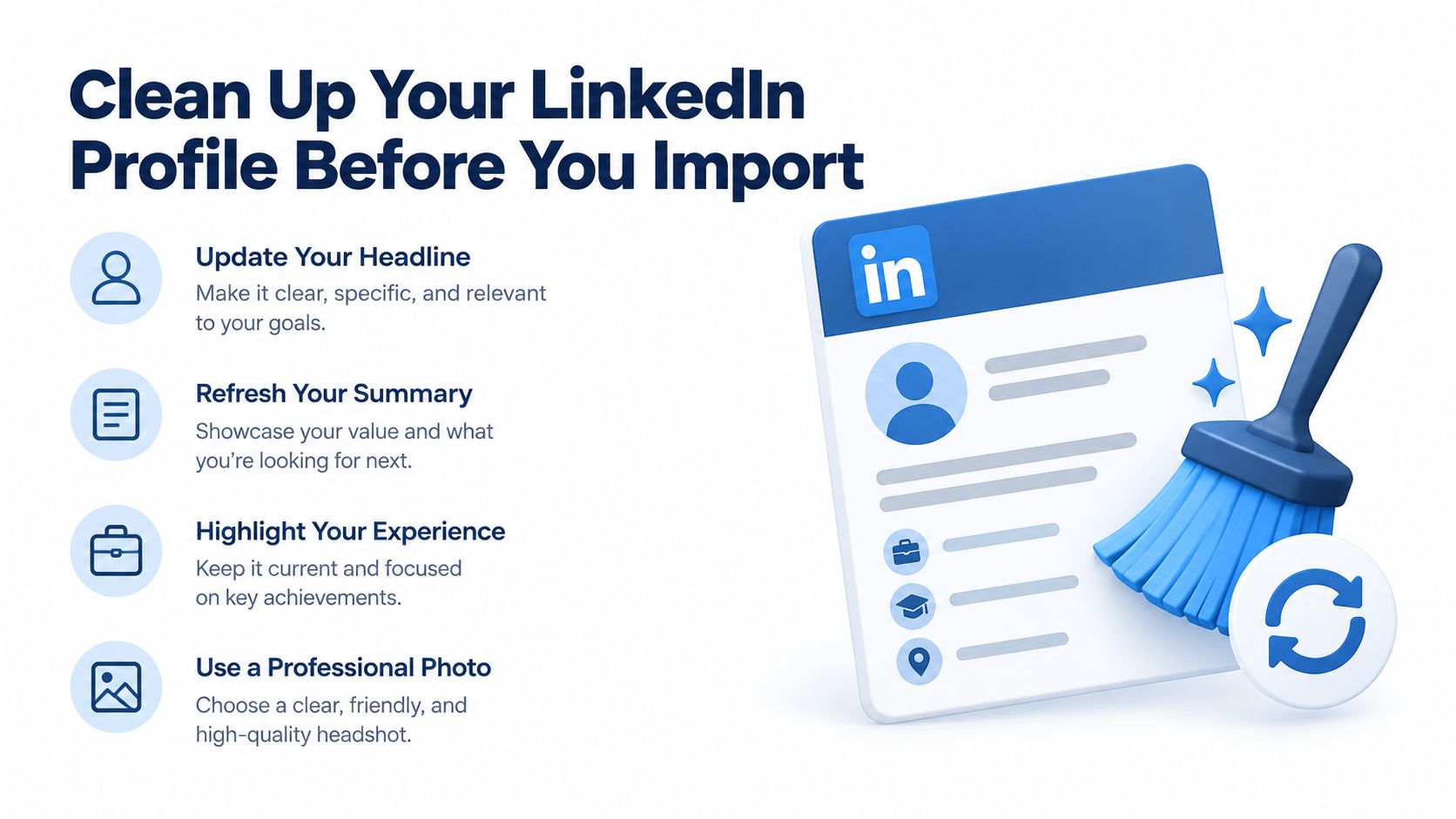 A graphic showing tips to clean up your LinkedIn profile before importing it into a resume builder.