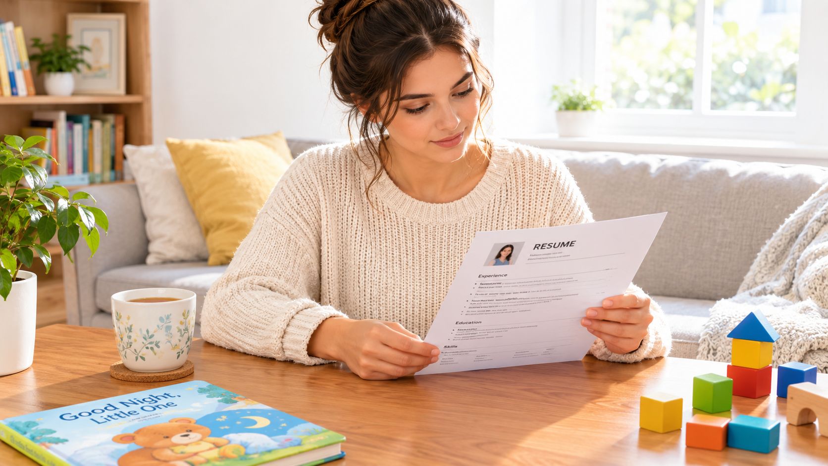 A young woman in a cozy sweater reviewing a professional resume at a table with books and toys.