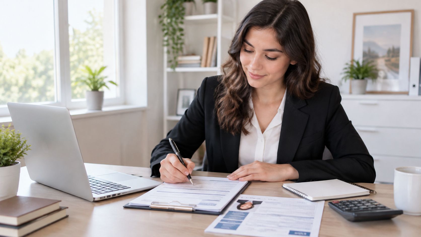 A professional woman in a suit writing on a document while working at her desk in an office.