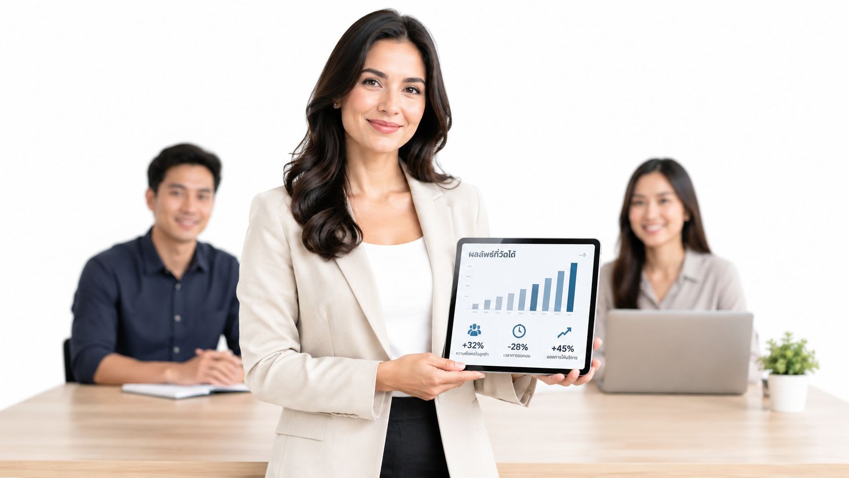 A professional woman presenting a tablet screen showing positive customer service metrics to her office team.