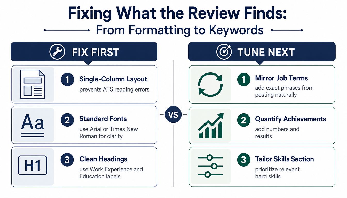An infographic detailing resume optimization steps including formatting fixes and keyword tuning for ATS compliance.