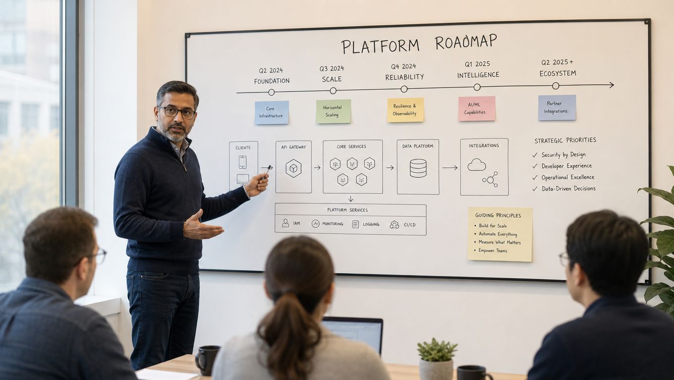 A professional software engineer presenting a technology platform roadmap on a whiteboard to a team.