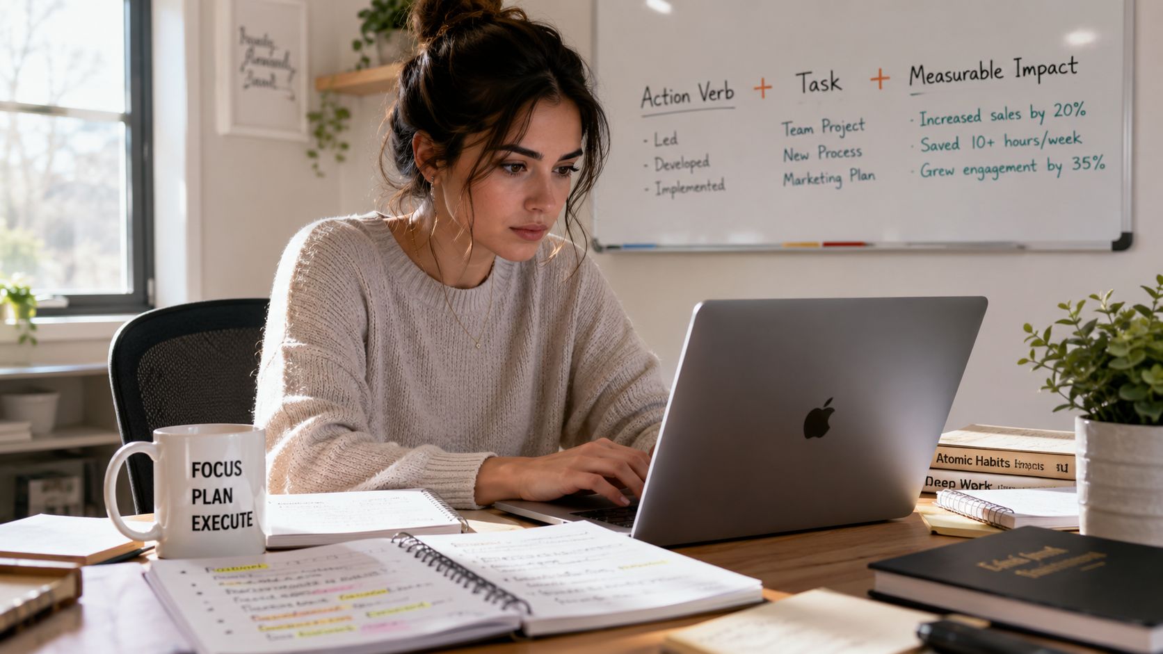 A focused young woman working on her resume at a desk with motivational notes and books.