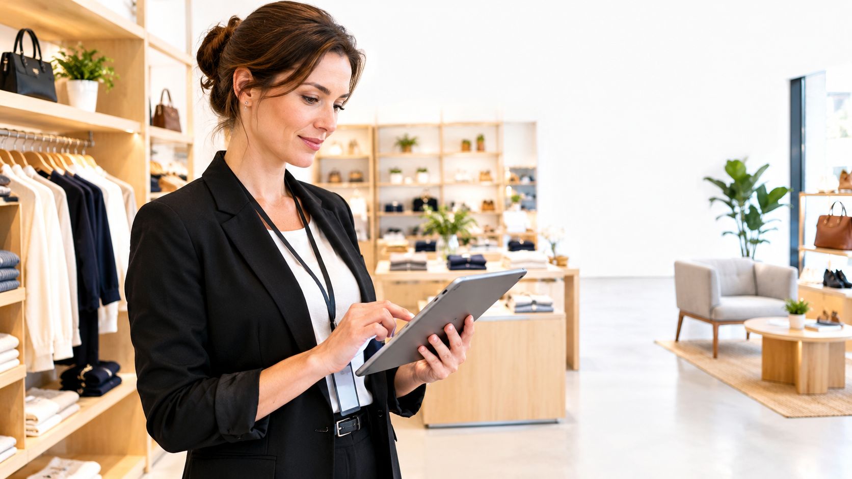 A professional operations manager reviewing inventory on a digital tablet within a modern clothing retail store.