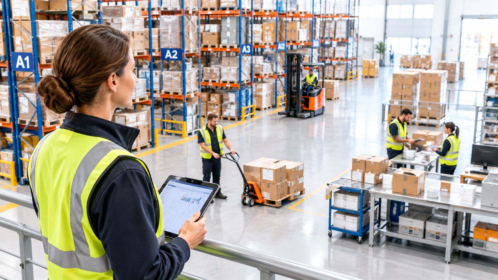A female warehouse manager overlooking the logistics floor while holding a digital tablet to monitor operations.
