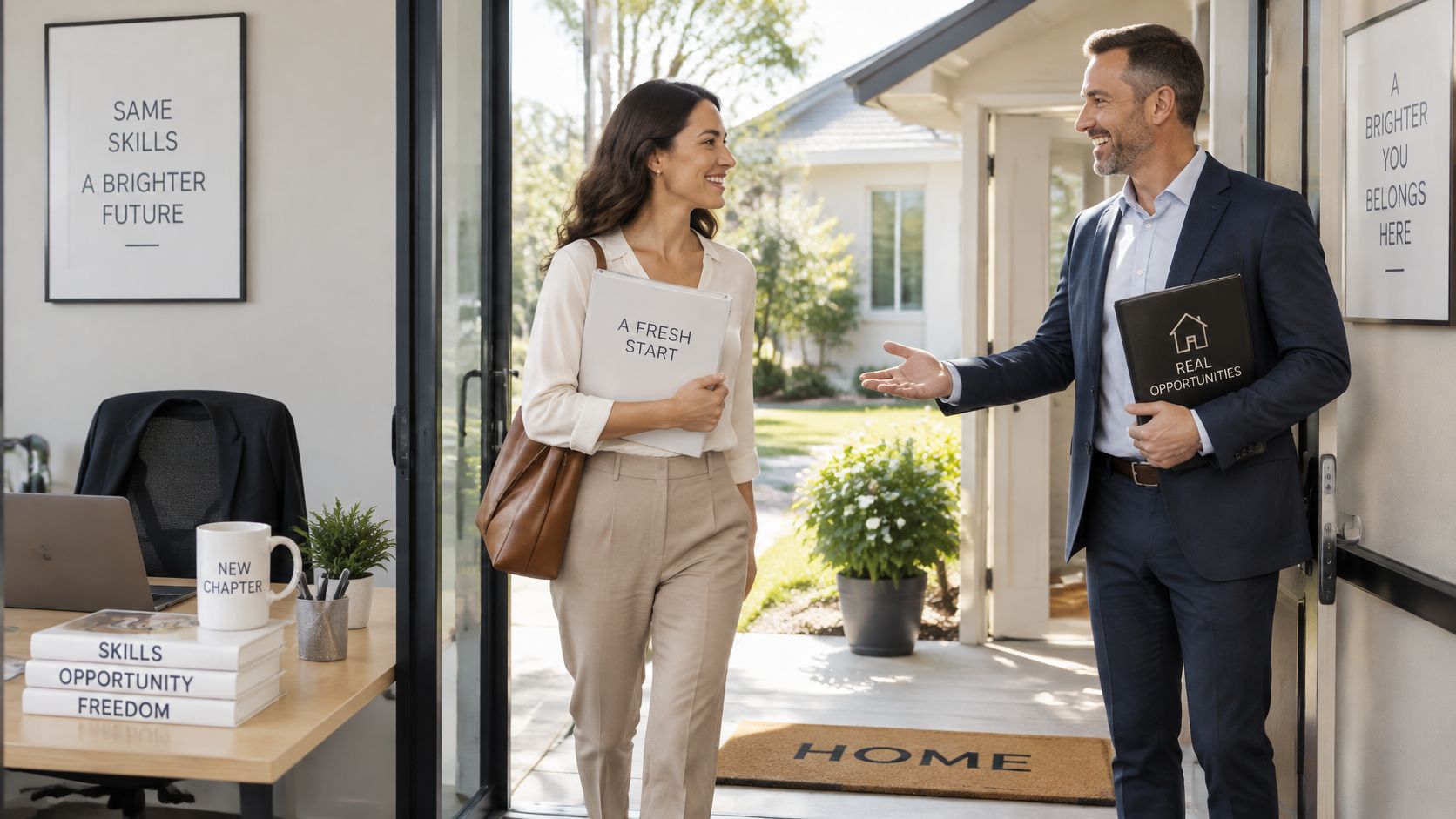 A professional real estate agent greeting a woman at the office door for a job interview.