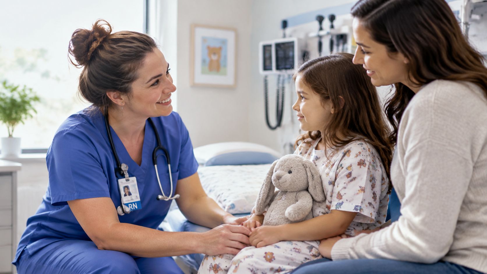 A smiling nurse in blue scrubs talking to a young girl holding a stuffed bunny while her mother watches.