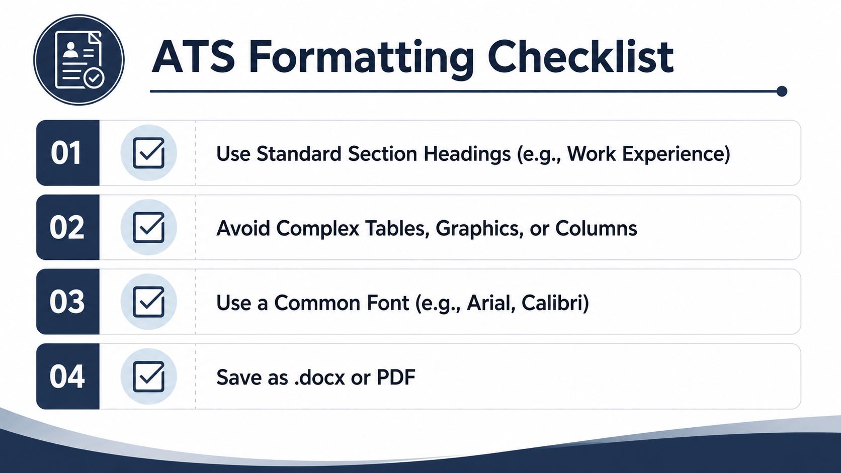 An ATS formatting checklist infographic listing four essential tips for creating applicant tracking system friendly resumes.