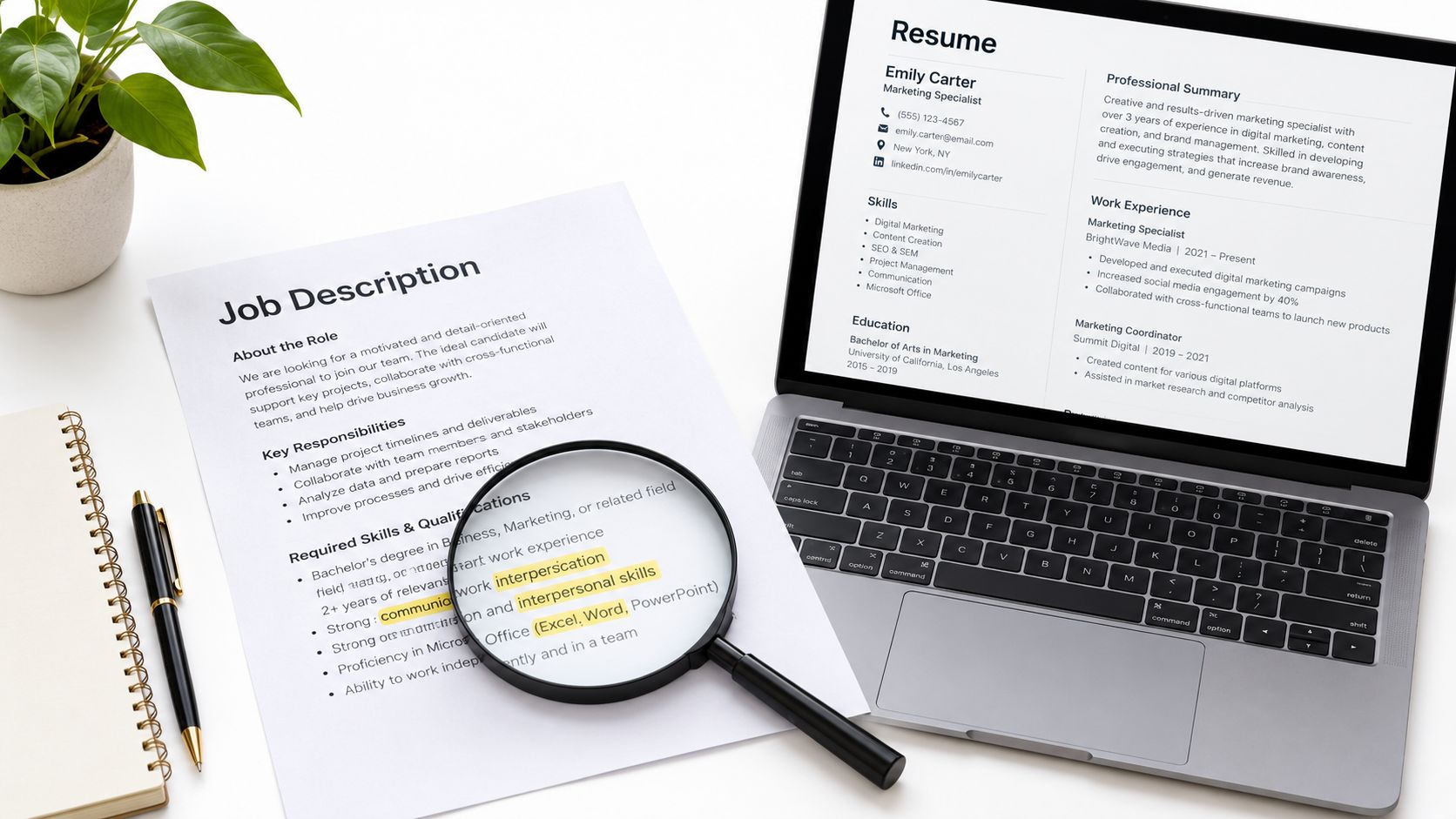 A magnifying glass placed over a job description paper next to a laptop displaying a professional resume.
