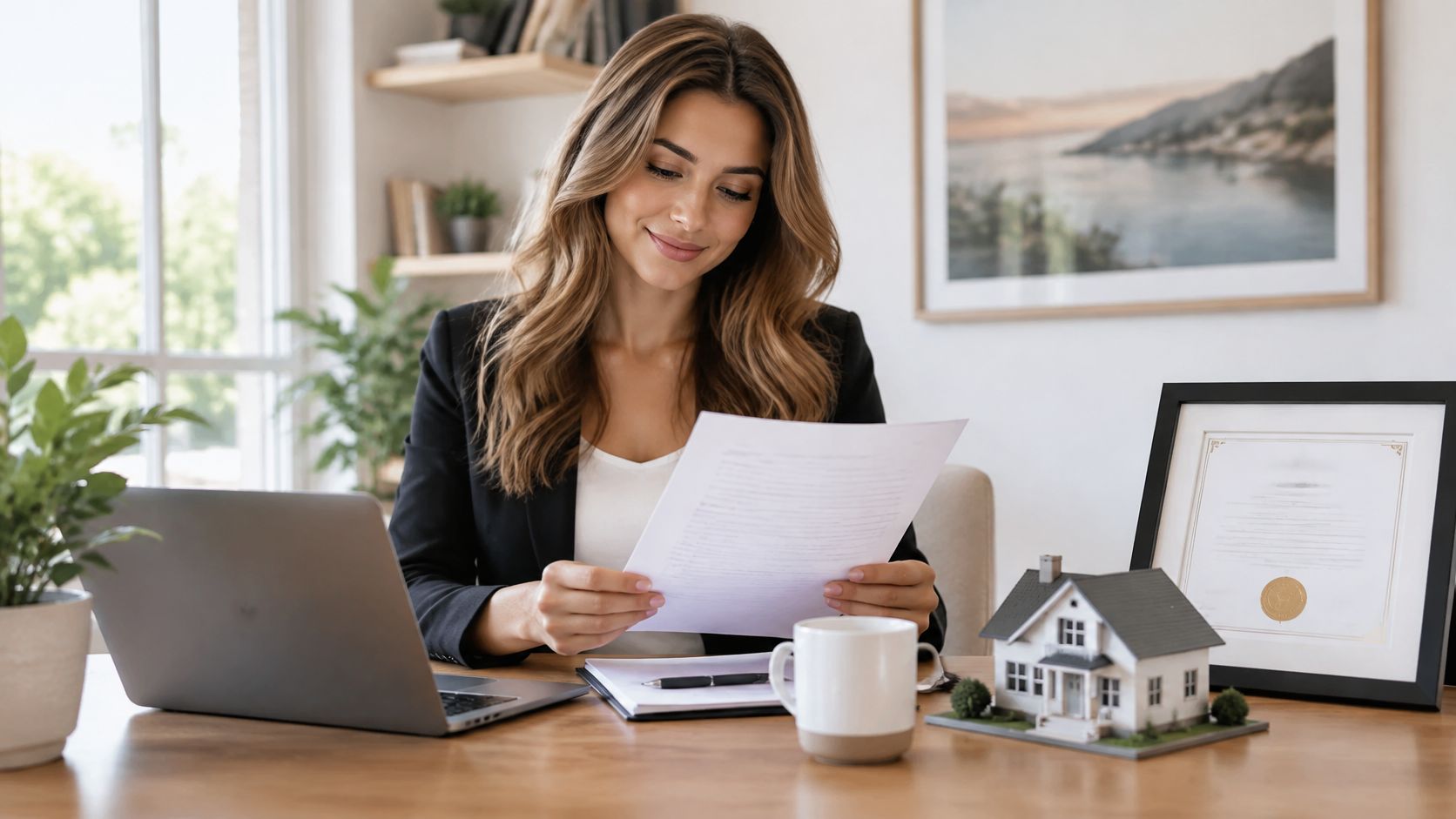 A professional real estate agent reviewing documents at a desk in a bright, modern home office.