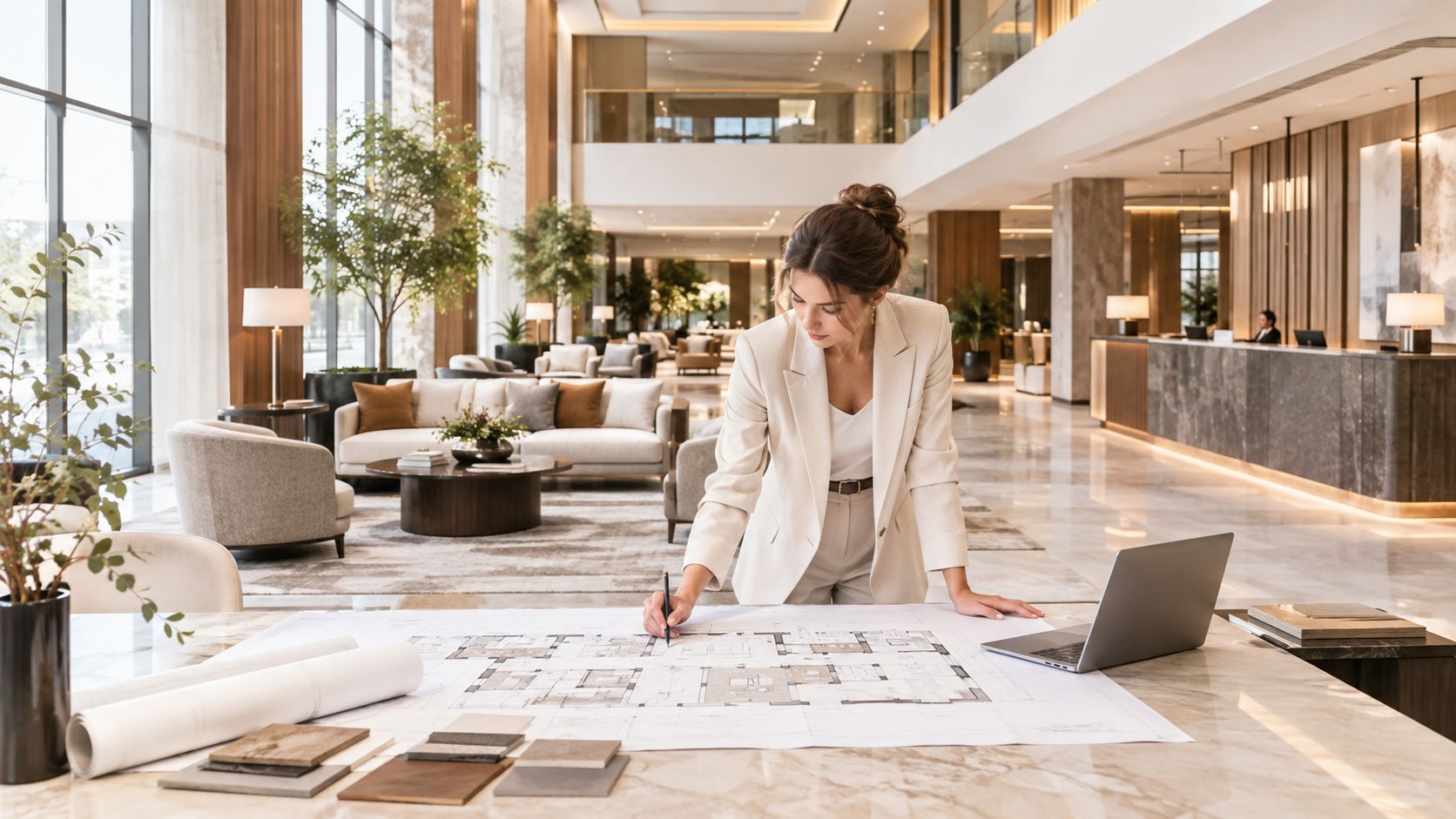 A professional interior designer working on floor plans on a table in a modern luxury hotel lobby.