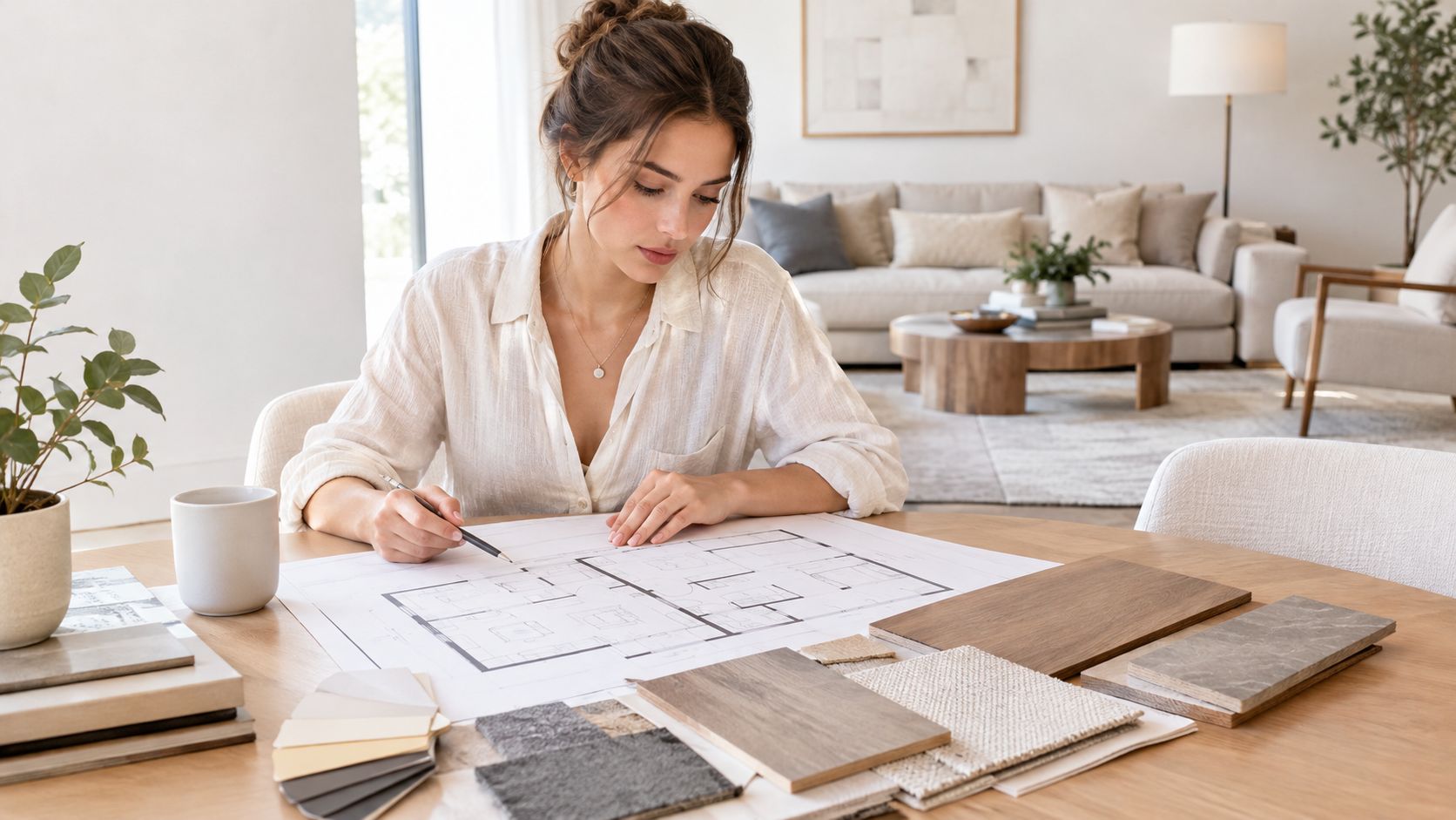 A professional interior designer reviewing floor plans and material samples while working at a wooden desk.