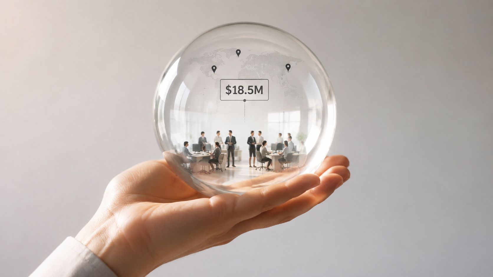A human hand holding a crystal ball displaying a professional business meeting with a global finance graphic.