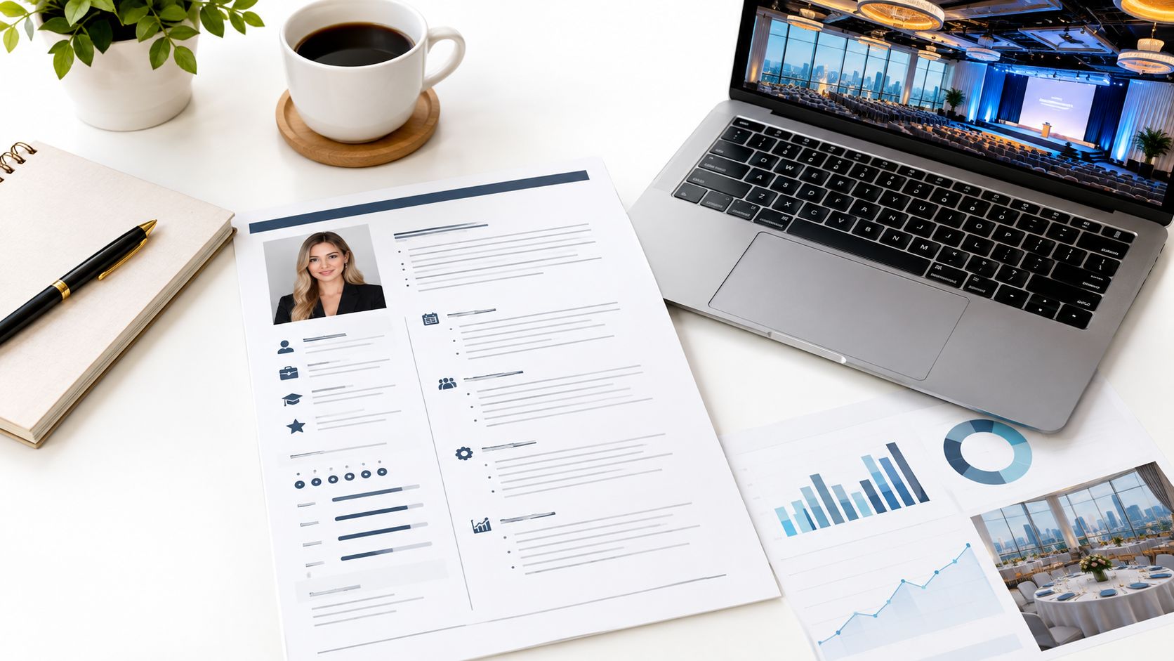 A professional desk setup featuring a resume document, laptop displaying event venue, and office supplies.