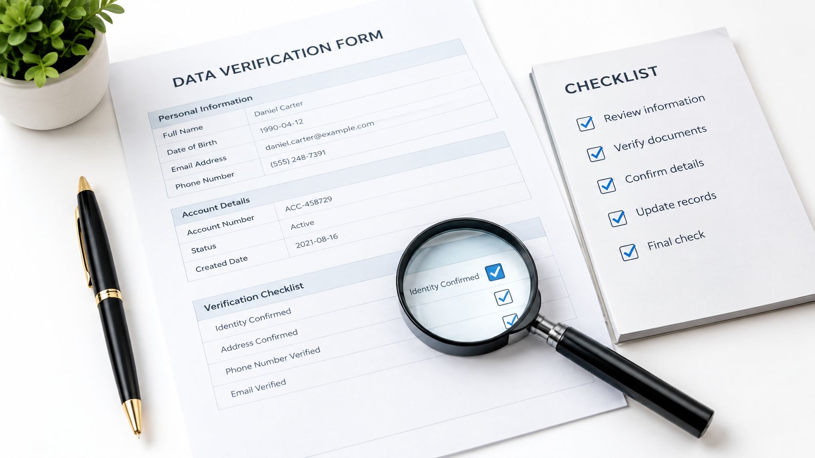 A document titled Data Verification Form next to a checklist and pen on a white desk.