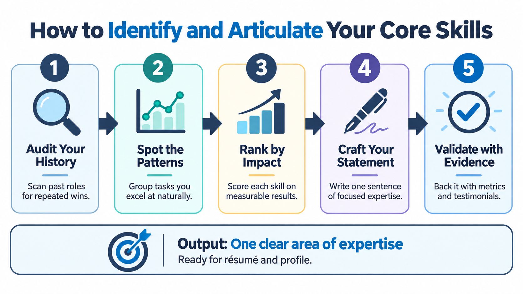 A five-step infographic showing how to identify and articulate core skills to define your area of expertise.