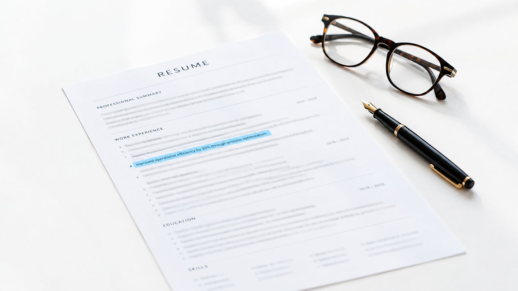 A professional resume lying on a white desk next to black rimmed glasses and a fountain pen.