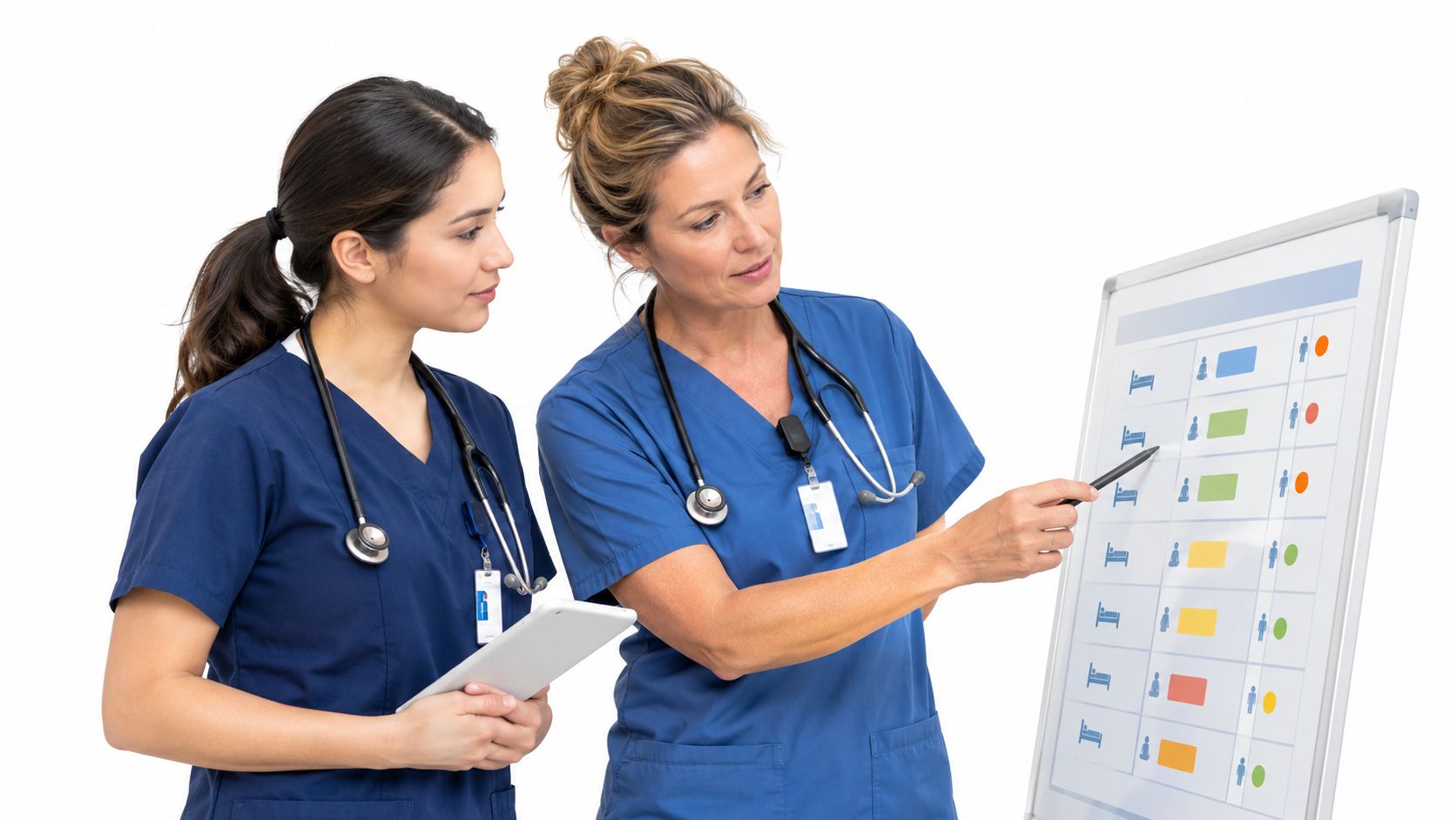 Two medical professionals in blue scrubs collaborating and reviewing patient charts on a whiteboard in a studio.