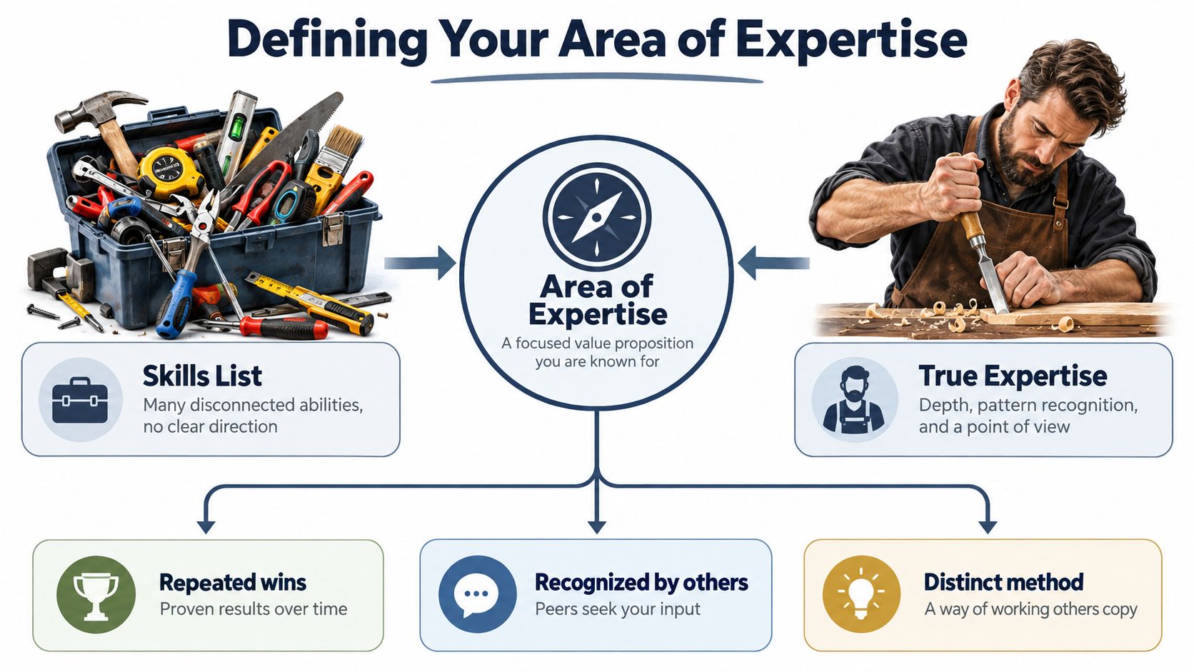 A diagram illustrating the concept of defining an area of expertise by transitioning from disjointed skills to true professional mastery.