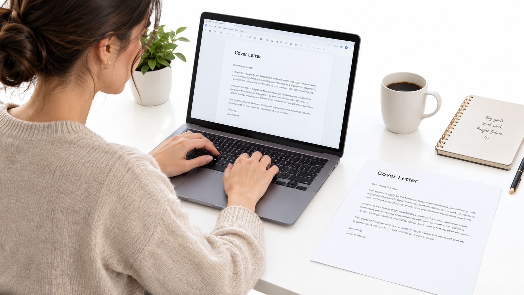A woman typing a cover letter on her laptop, with a printed version on her desk.