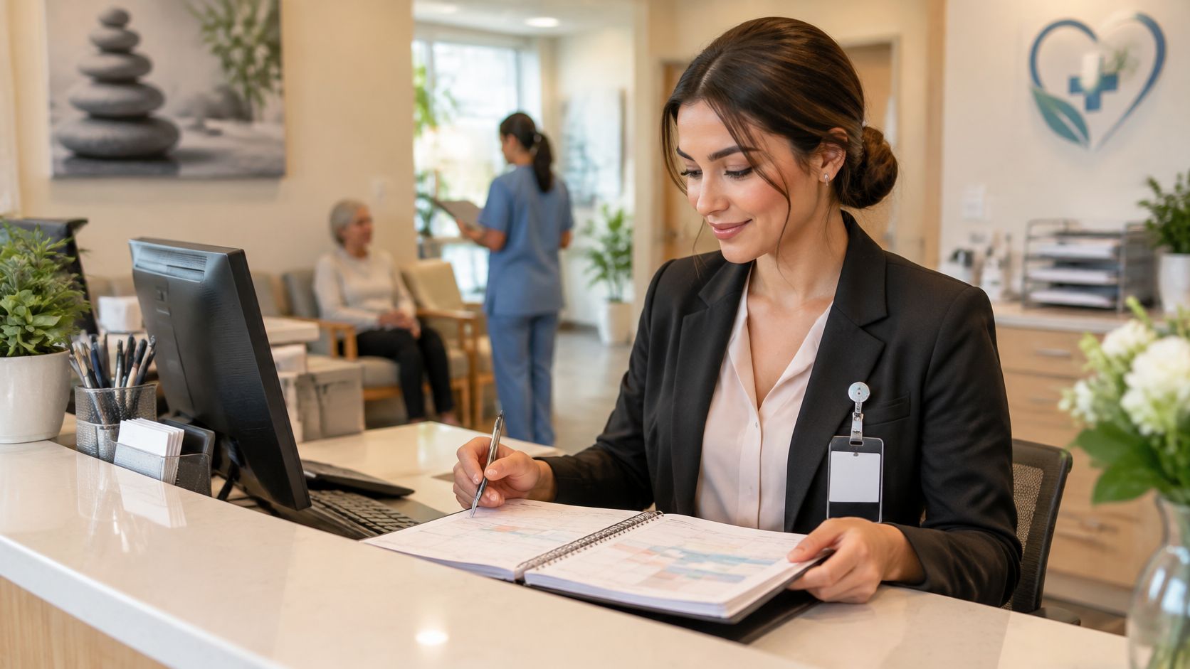 A smiling administrative assistant at a medical front desk reviewing a daily patient appointment schedule book.