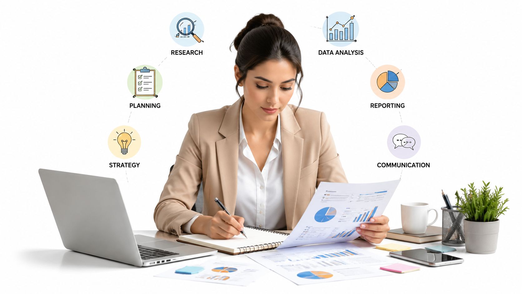 A professional woman working at a desk surrounded by business process icons like research and data analysis.